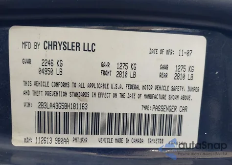 2008 Dodge Charger from USA, damaged, VIN 2B3LA43G58H181163